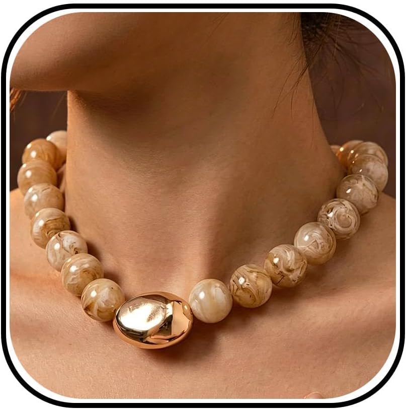 Chunky Beaded Necklace for Women, Statement Bead Choker with Gold Pendant, Short Collar Necklace for Summer Outfits, Resort Wear, Party Jewelry