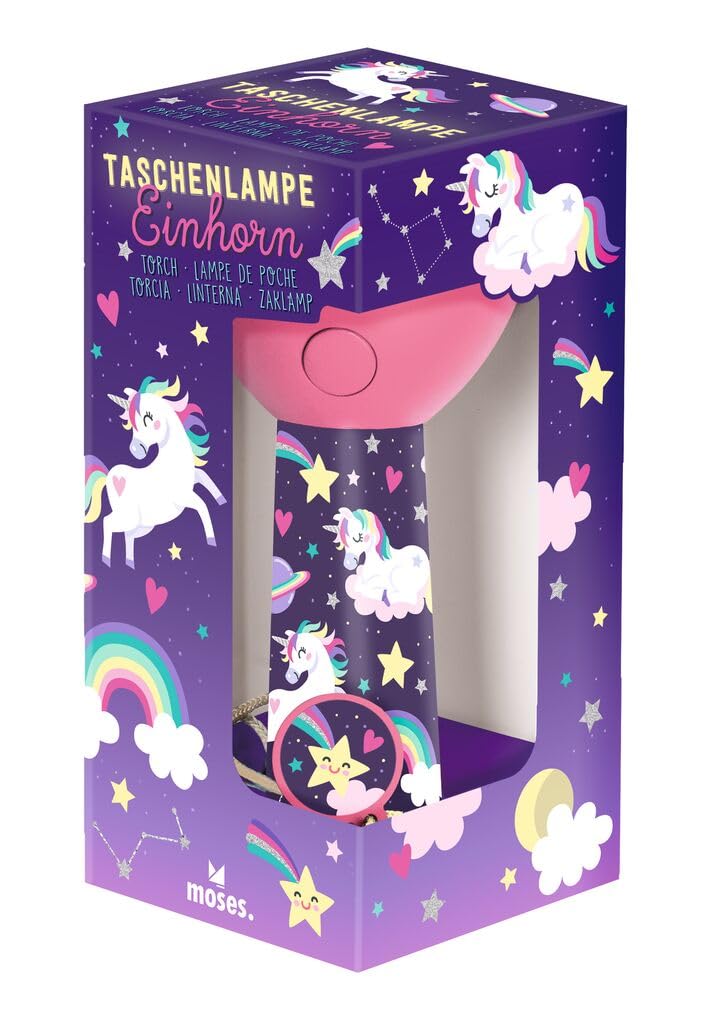 moses. Einhorn Taschenlampe, kompakte und robuste Kindertaschenlampe mit 4 LEDs, wiederaufladbare Akku Taschenlampe mit Deko-Anhänger, Geschenk für Kinder ab 4 Jahren, Pink