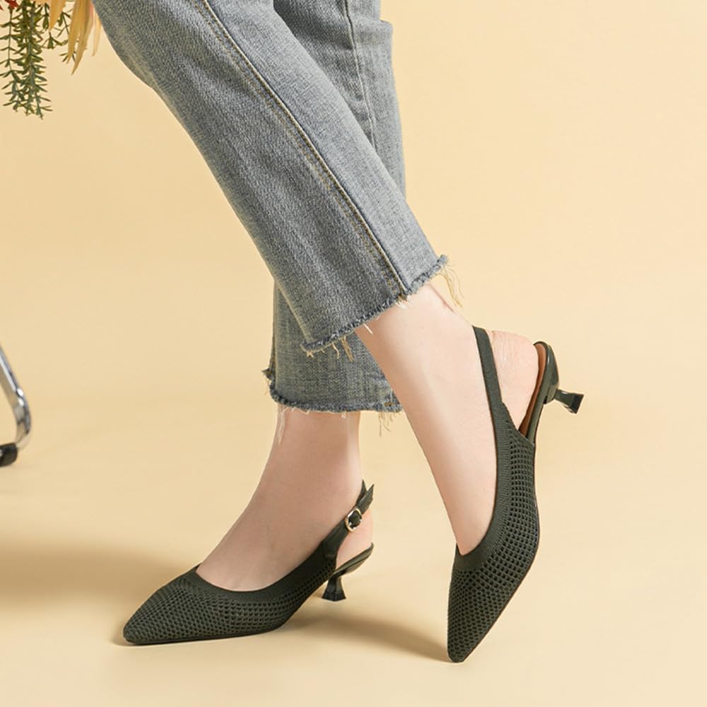 Slingback for Women's Closed Pointed Toe Kitten Heels with Ankle Strap Knitted Dress Pumps Shoes Work Wedding Everyday Parties 1.6 in Low Heels