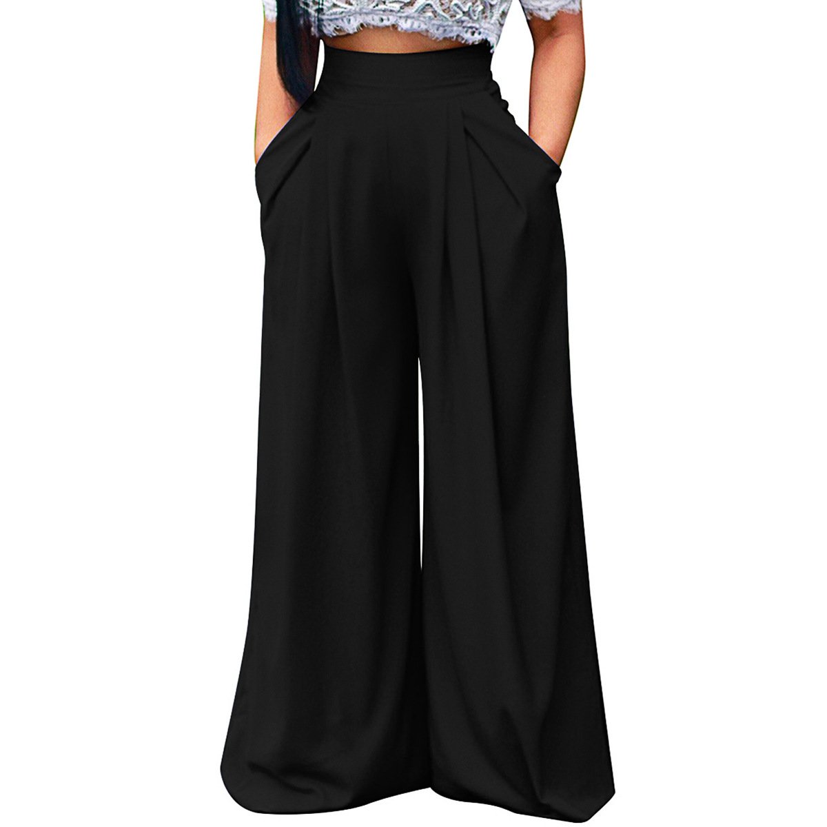 NRTHYEWomens Palazzo Long Pants High Waist Wide Leg Stretchy Loose Fit Casual Trousers with Pocket