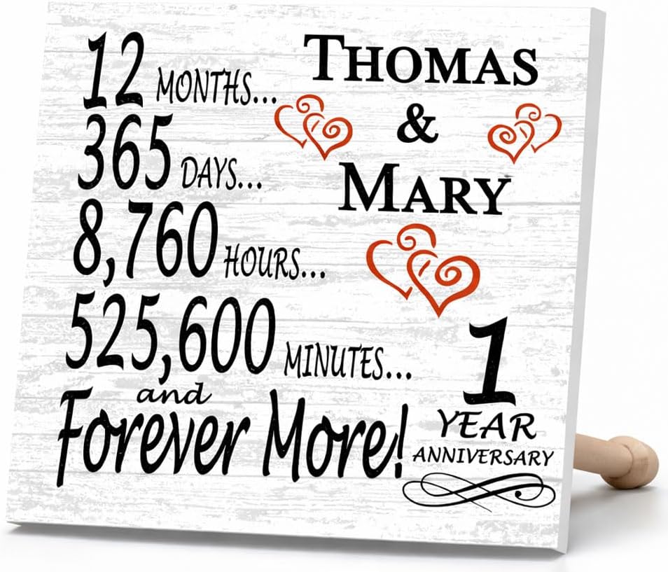 1 Year Anniversary Sign – Personalized 1st Gift Plaque - Custom Names - Wedding Anniversary Present for for Couple, Husband or Wife