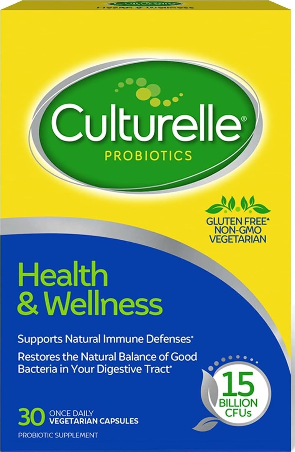 Culturelle Health & Wellness Daily Probiotic for Women & Men, 30 Count | 15 Billion CFUs per Capsule, Digestive & Immune Support*, Vegetarian, No Refrigeration Needed