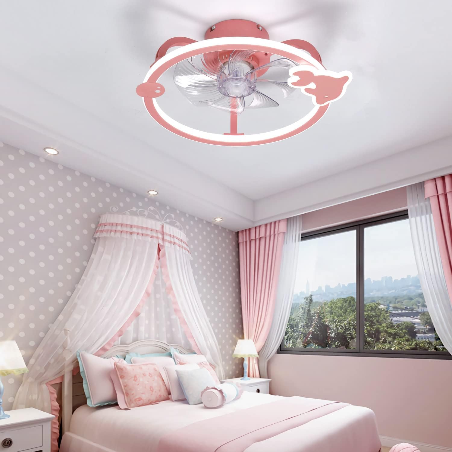 YUEGOO Ceiling Fans with Lamps,Ceiling Fan Light with Remote Control Silent 3 Colors Dimmable Ceiling Fan with Led Lamp Dc Reversible 6 Speed Winter Summer Mode Designer Chandelier/Pink/a