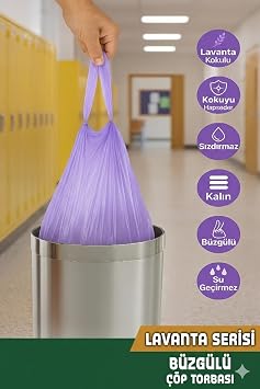 Büyük Boy Lavanta Kokulu Büzgülü Çöp Torbası, 65x70 cm, 60 Litre, Su Geçirmez Çöp Poşeti, Kalın, 5 Paket 50 Adet (BÜYÜK BOY, LAVANTA KOKULU)