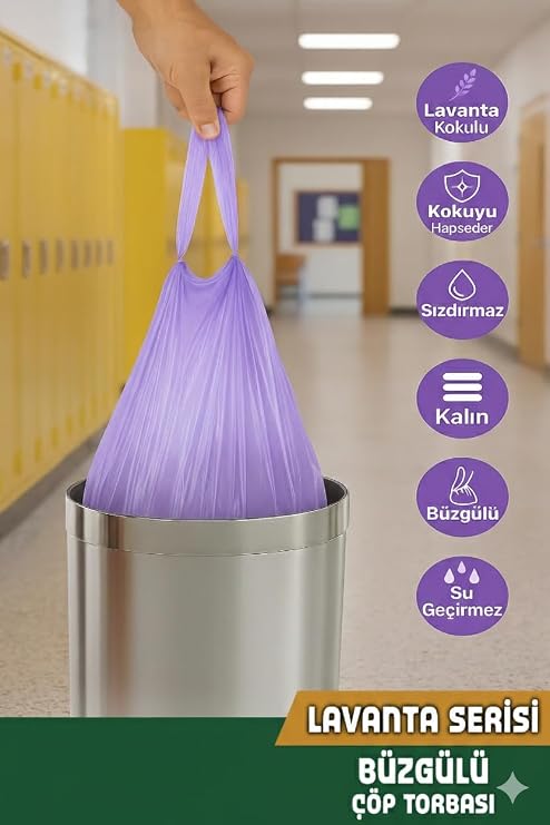 Büyük Boy Lavanta Kokulu Büzgülü Çöp Torbası, 65x70 cm, 60 Litre, Su Geçirmez Çöp Poşeti, Kalın, 5 Paket 50 Adet (BÜYÜK BOY, LAVANTA KOKULU)