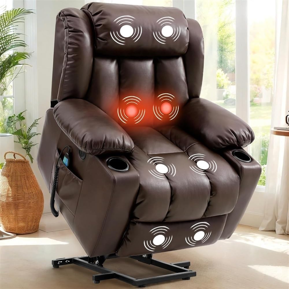 Electric Infinite Position Dual Motor Power Lift Recliner Chair for Seniors, Faux Leather Upholstery with Heat and Massage, Lay Flat Sofa with Cup Holders and USB Charging Ports