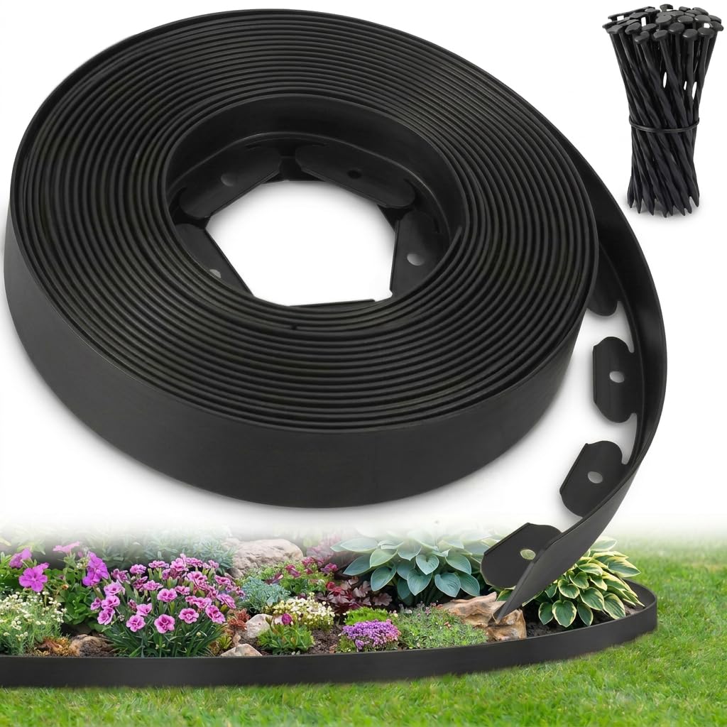 Bordure Jardin extérieur 20 m Flexible Plastique 5 mm Noir avec 60 piquets