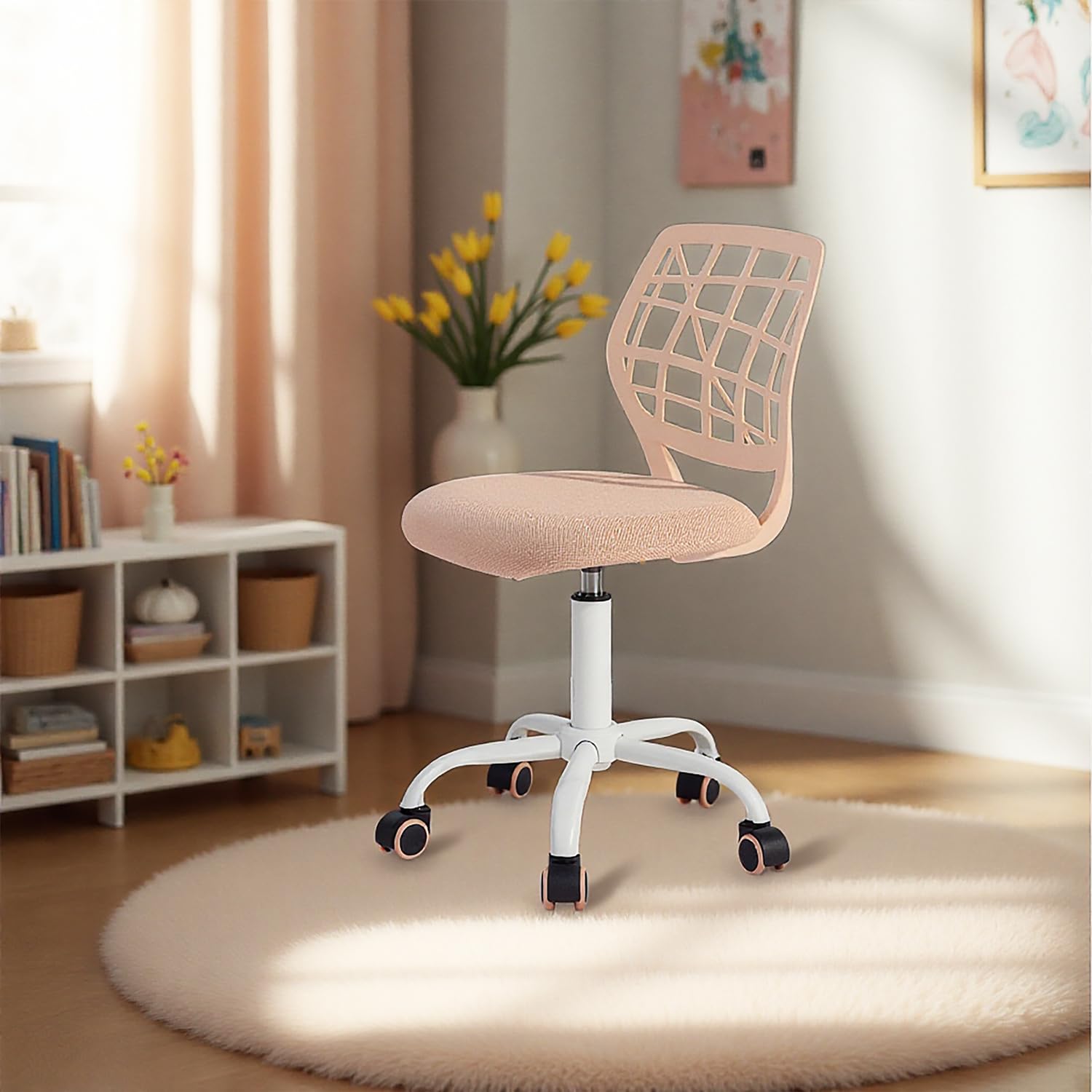 FurnitureR Silla de Escritorio para niños, Silla giratoria de Altura Ajustable con diseño de Respaldo de Agujero pequeño, Adecuada para Dormitorio de niños o Sala de Estudio, Color Rosa