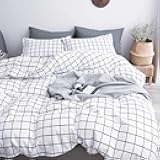 NANKO Queen Duvet Cover Set Grid, 90x90 Soft Bedding Cover, Luxury Cool Lightweight Microfiber 3pc Set (1 Cover 2 Pillowcase) with Zip,Tie - Modern Style Preppy Room Decor Bed Quilt Cover, Plaid White