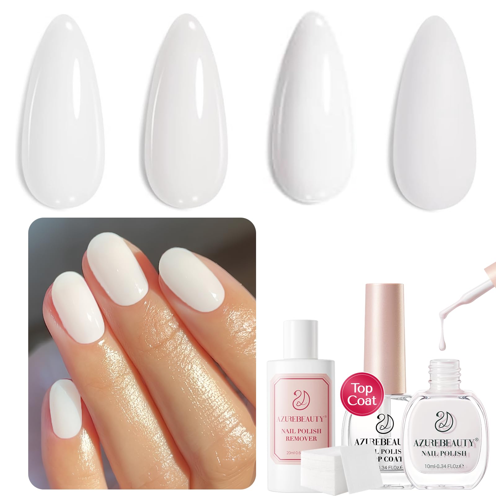 AZUREBEAUTYNail Polish Set, Milk White Clear Quick Dry Complete Starter Natural Nail Lacquer Strengthening Treatment Kit with Top Coat, 50Pcs Nail Remover Cotton Pad