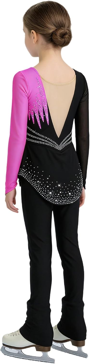 Oyolan Kids Girls Skating Jumpsuit Skating Unitard with Skirt Le Figure Unitard Long Sleeve Leotard with Skirt