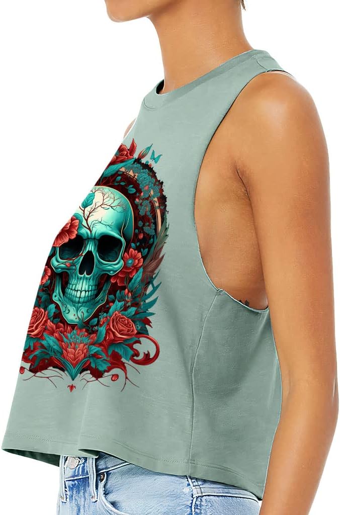 Floral Skull Racerback Cropped Tank - Gothic Design Women's Tank - Graphic Tank Top - Black, XL
