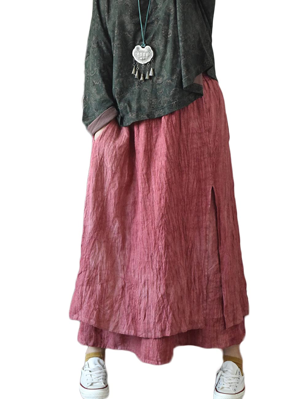 NFYM Damenrock aus Baumwollleinen, strukturiert, lässig, geschichtet, elastischer Bund, Schlitz, wadenmitte Rock mit Taschen, Dunkelrot, Einheitsgröße