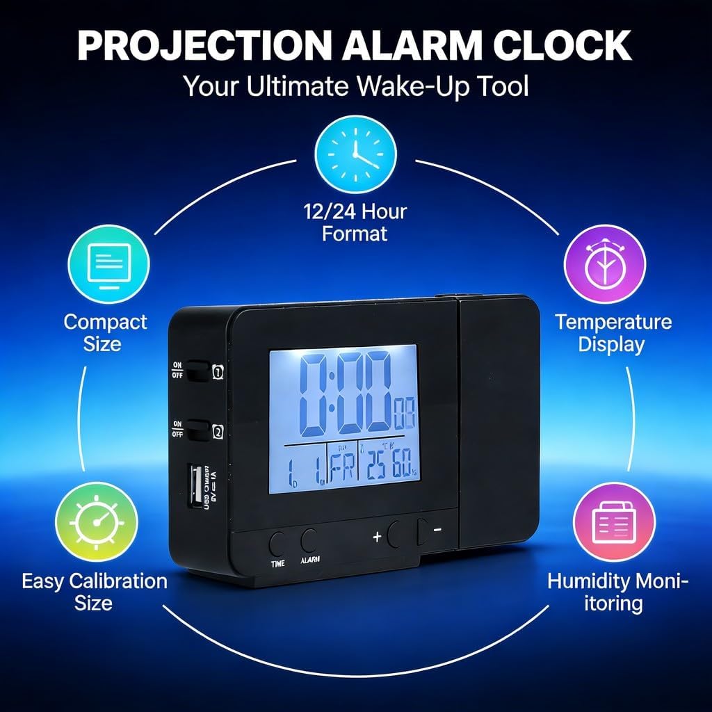 180° Rotation Projection Alarm Clock USB Powered LED Digital Clock with Temperature Humidity Test Black - Large Display, Smart Humidity Monitoring, Ideal for Bedroom