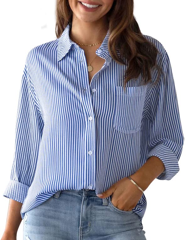 IBAOTORONI Women's Striped Button Down Shirts: Long Sleeve Office Casual Business Blouses with Pocket