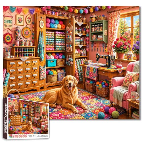 Sewing Hobby Room 1000 Piece Jigsaw Puzzles for Adults Cozy Craft Room Jigsaw Puzzle for Challenging Family Activity Game Quilting Knitting Creative Space Puzzle for Home Decor Gifts 19.7"x27.6"