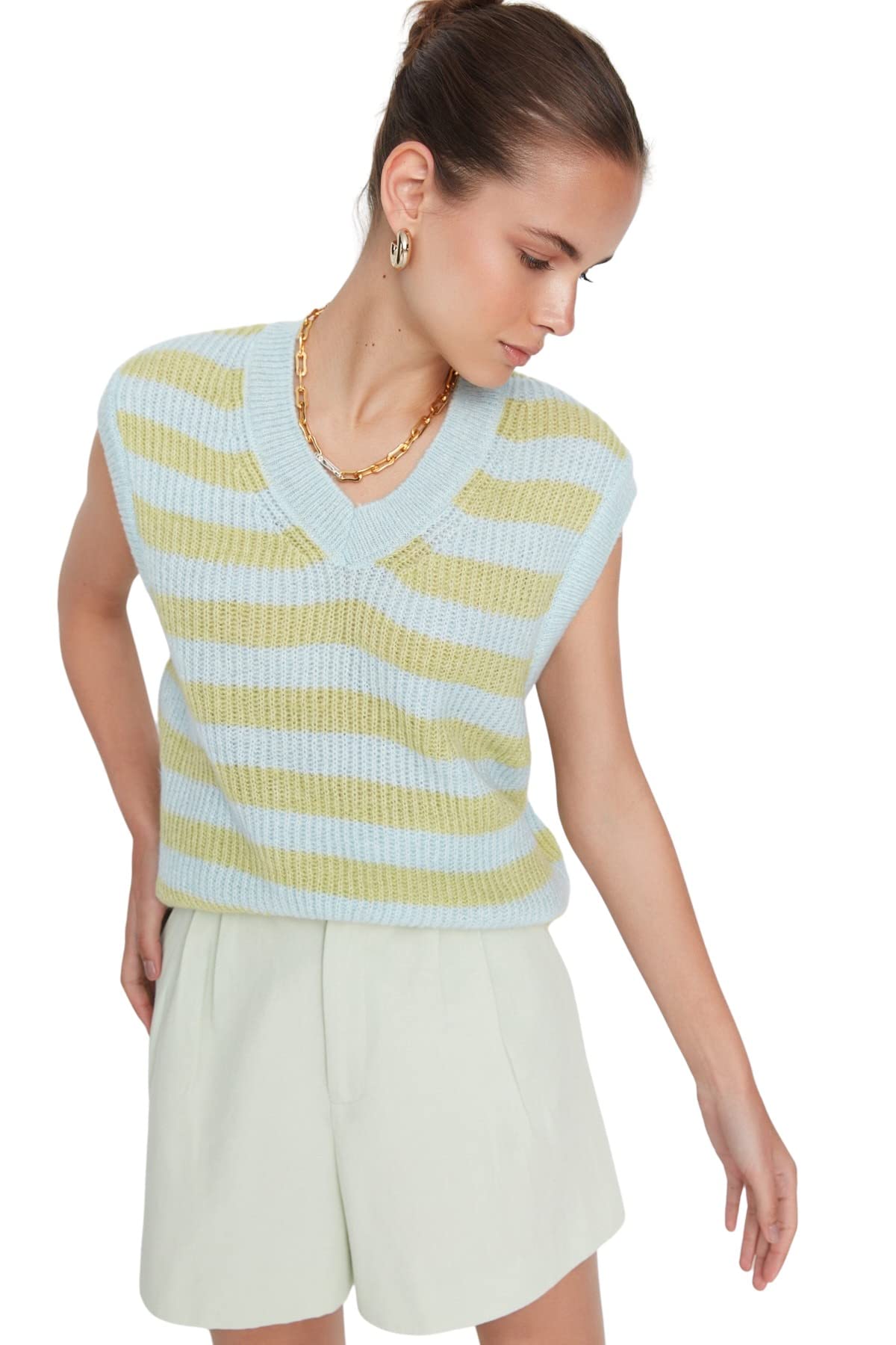 TRENDYOL Damen V -Neck Knitwear Sweater, Hellblau, M EU