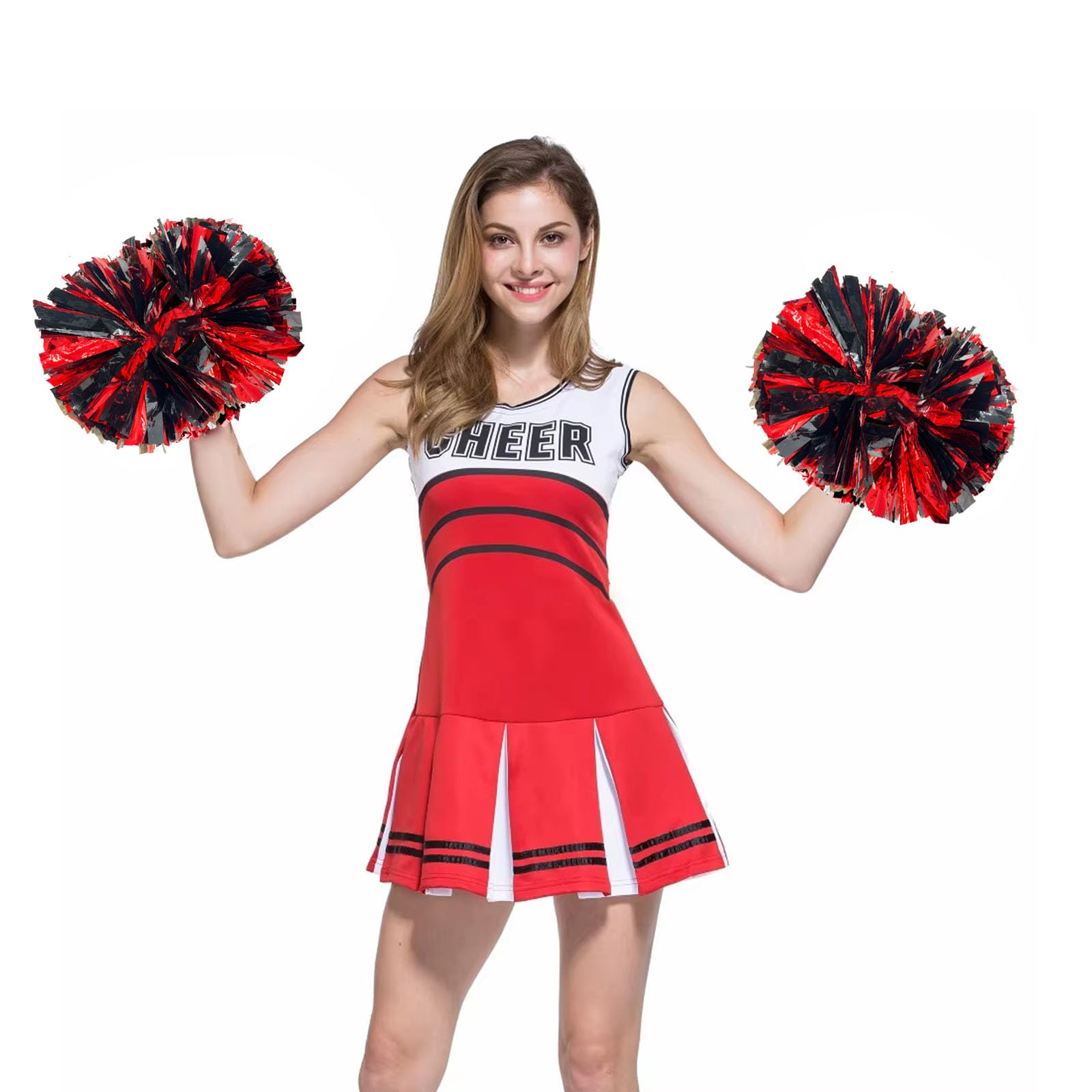 Pompon cheerleader neri e rossi 30,5 cm metallizzati con manico a bacchetta