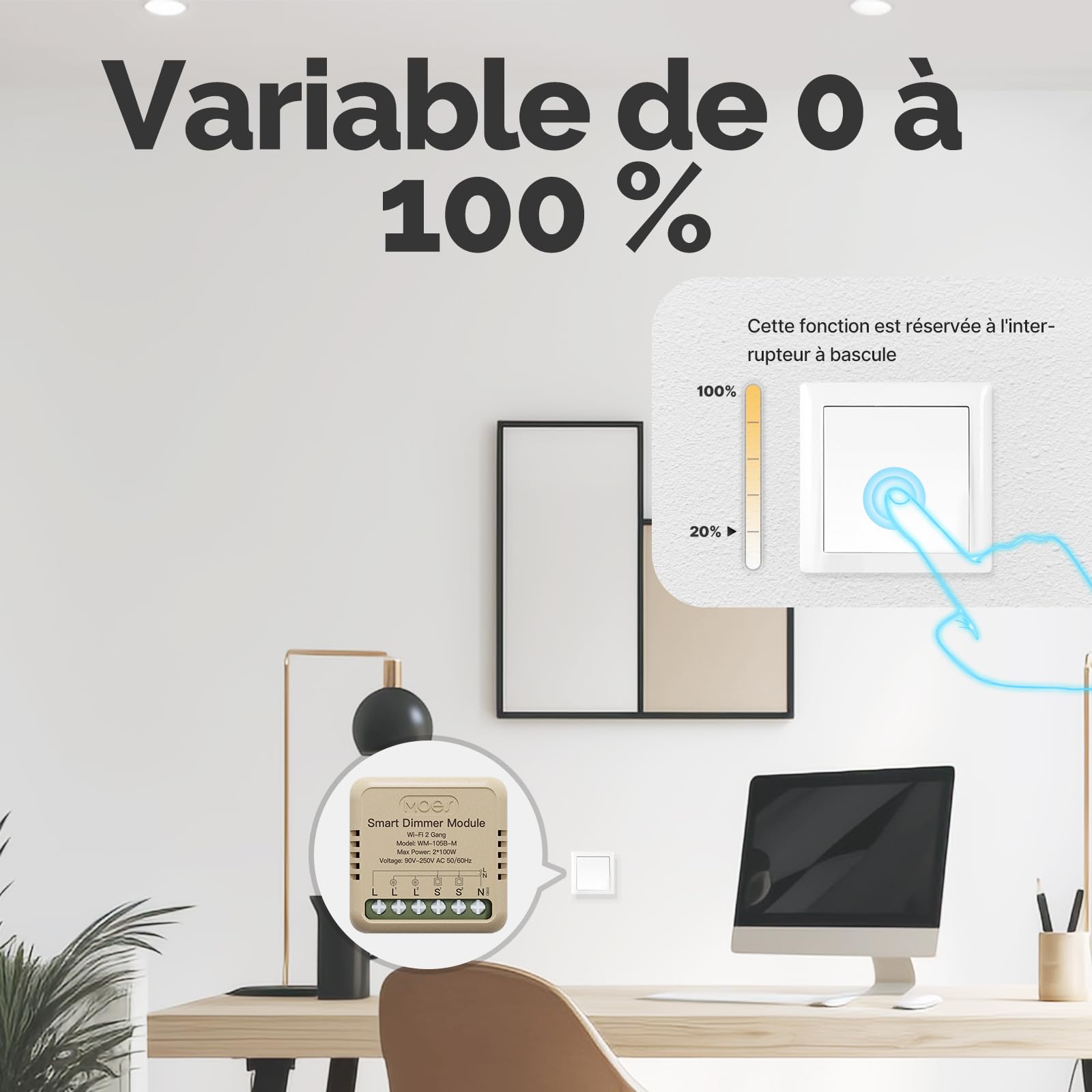 MOES Mini Variateur d'Intensité Wi-Fi Encastré, 2 Pack | 2 Gang, pour LED intelligente, compatible avec télécommande Smart Life/Tuya, Alexa/Google Home