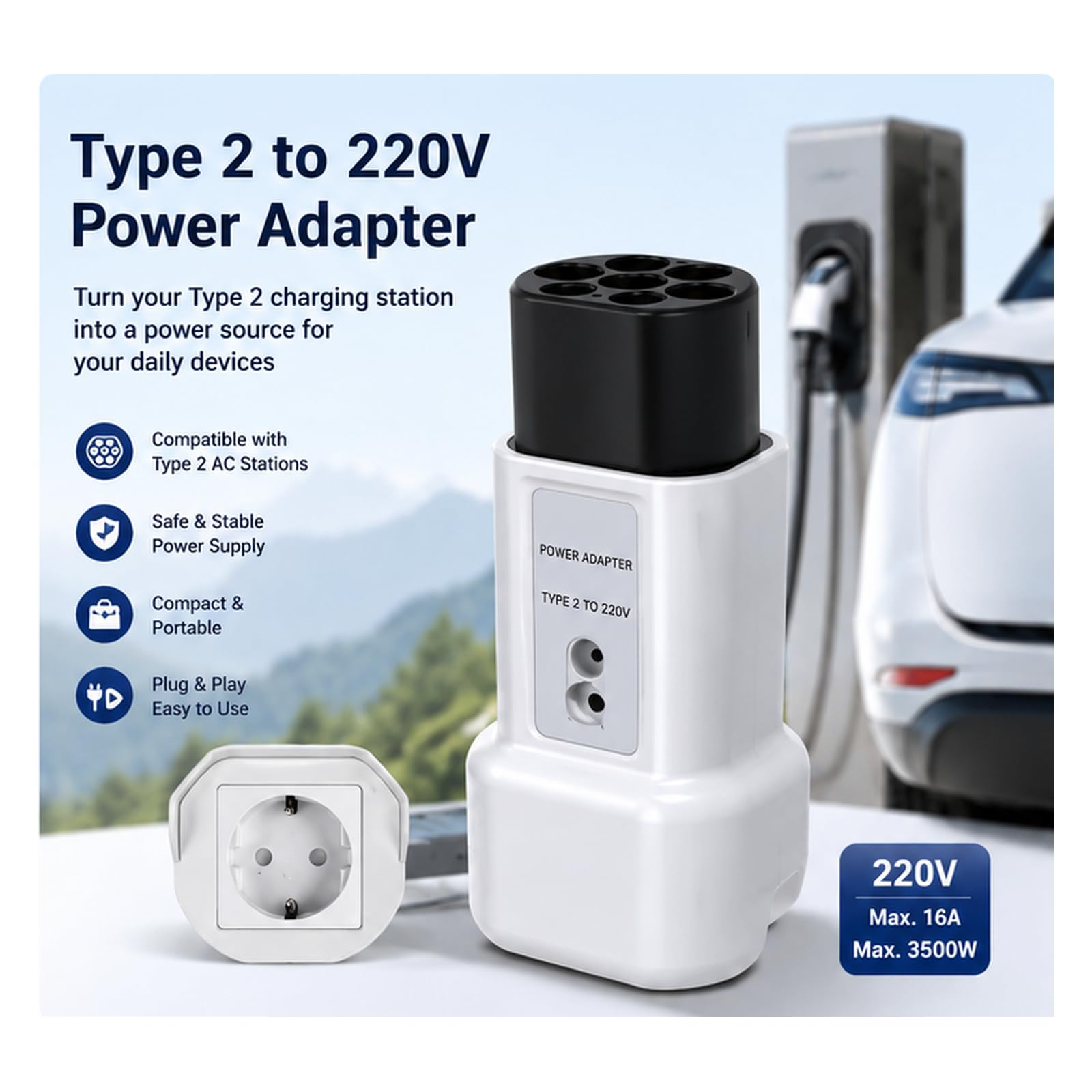 Adapter typu 2 na Schuko, 16 A, 3,5 kW, do przyczep kempingowych i