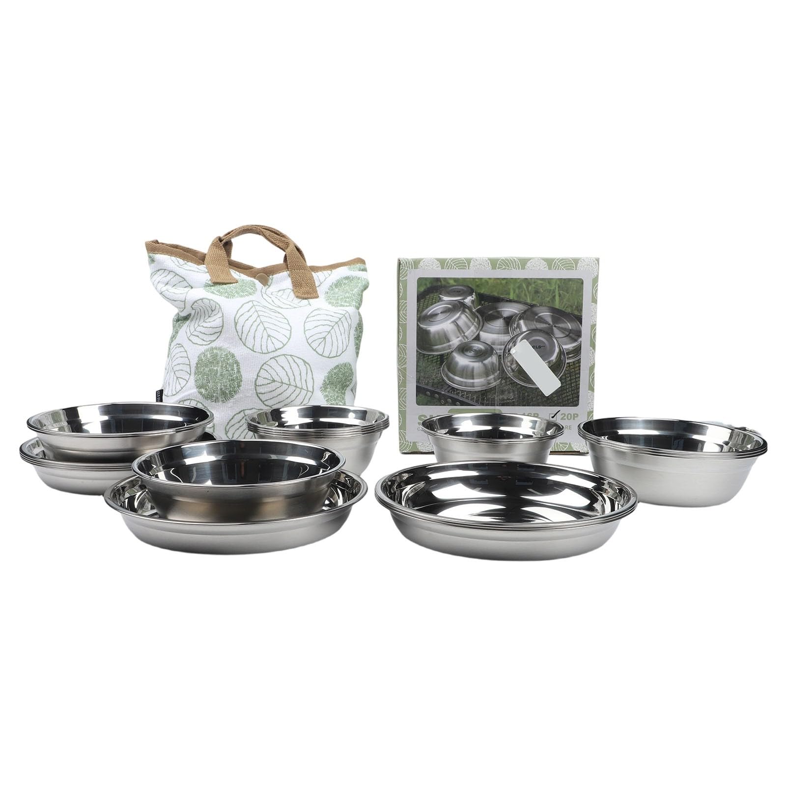 20 Stück Edelstahl Camping Teller Set, 304 SUS Leichte Schüsseln und Geschirr für Outdoor Picknick BBQ Tragbares Stapelbares Besteck Kit mit Aufbewahrungstasche