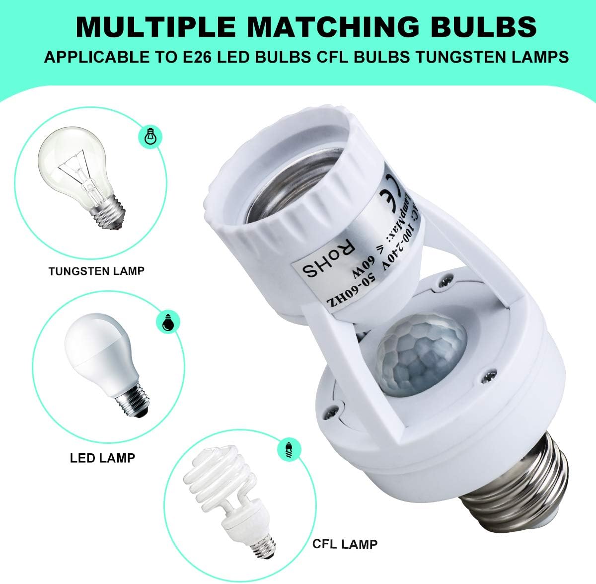 Motion Sensor Light Socket,PIR Motion Detector Socket E26/E27 Bulb Socket Adapter,Adjustable Time&LUX(Screw Driver Included),Auto On/Off Night Light Adapter, Applied in Garage,Porch,Basement,Closet
