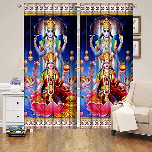 Image of Premium Fabric God Vishnu Lakshmi Design Parde for Mandir, Pooja Room, Temple, Home, 4x9 feet Long Curtains Set of 1 Pc