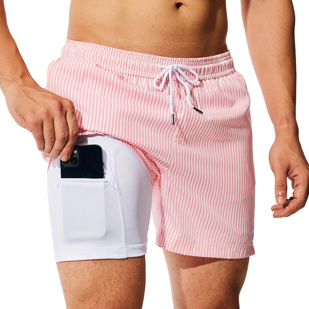 NIMENJOJA Mens 5" Swim Trunks with Compression Liner Stretch Board Shorts Quick Dry Zipper Pockets Beach Shorts