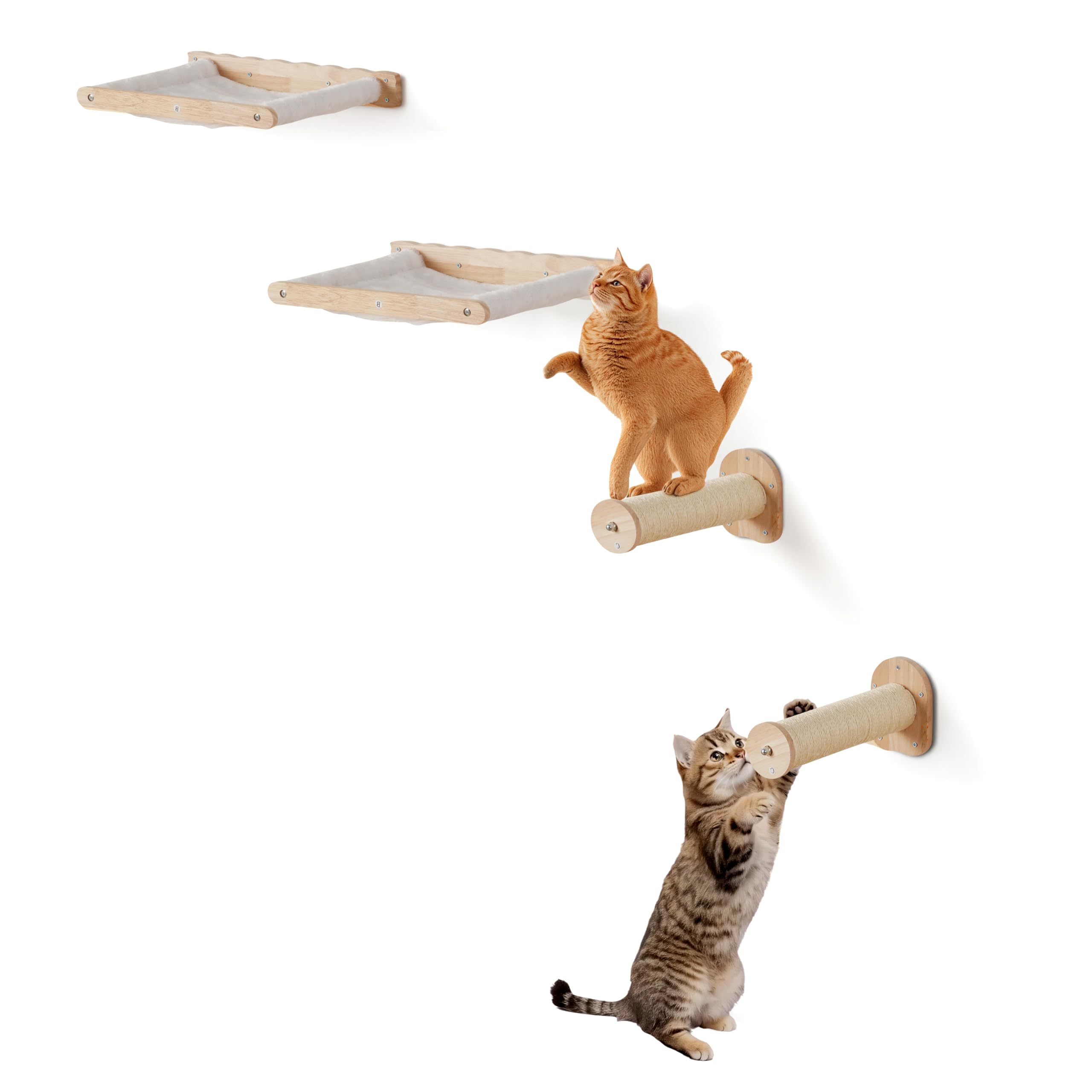 VEVOR Wall Mounted Cat Shelves and Perches with Jumping Posts & Hammocks, Cat Furniture Set up to 40 lbs, Removable & Washable Coral Fleece for Sleeping, Playing, Climbing