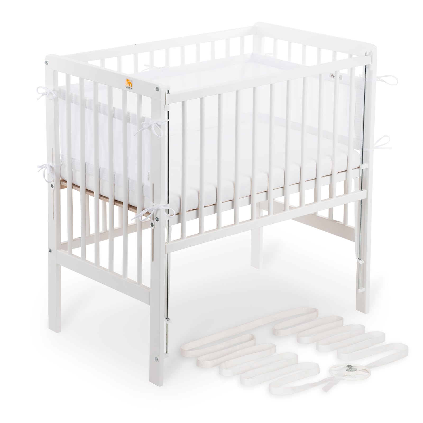 FabiMax Boxspring Baby Beistellbett Flex 90x55, TÜV geprüft, aus Buchenholz weiß lackiert, mit innovativem verstellbarem Seitengitter, passend für Boxspringbetten (Matratze Comfort, Weiß)