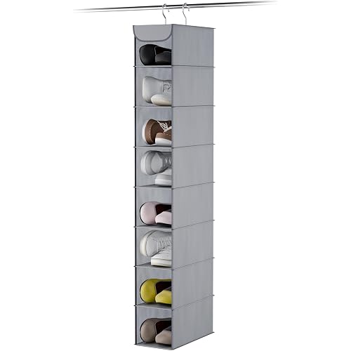Whitmor Hanging Shoe Organizer, 8 Shelves-Hanging Closet Organizer, Hanging Shoe Rack for Small Closet, Hanging Shelves for Storage Shoes Clothes 11.5" D x 5.5" W x 41" H, Gray