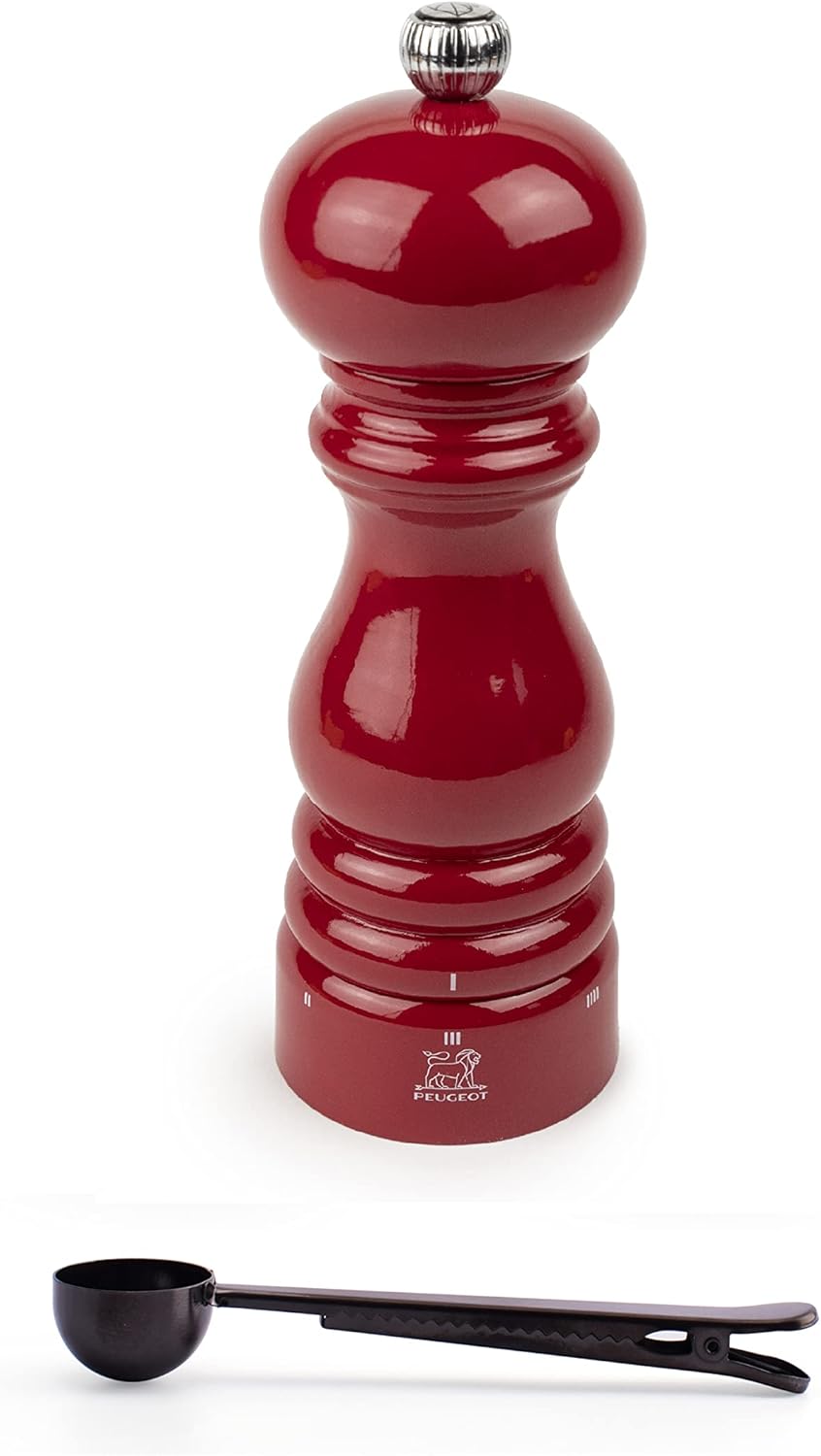 Peugeot Paris u'Select 7-inch Pepper Mill Gift Set, Passion Red - With Stainless Steel Spice Scoop/Bag Clip