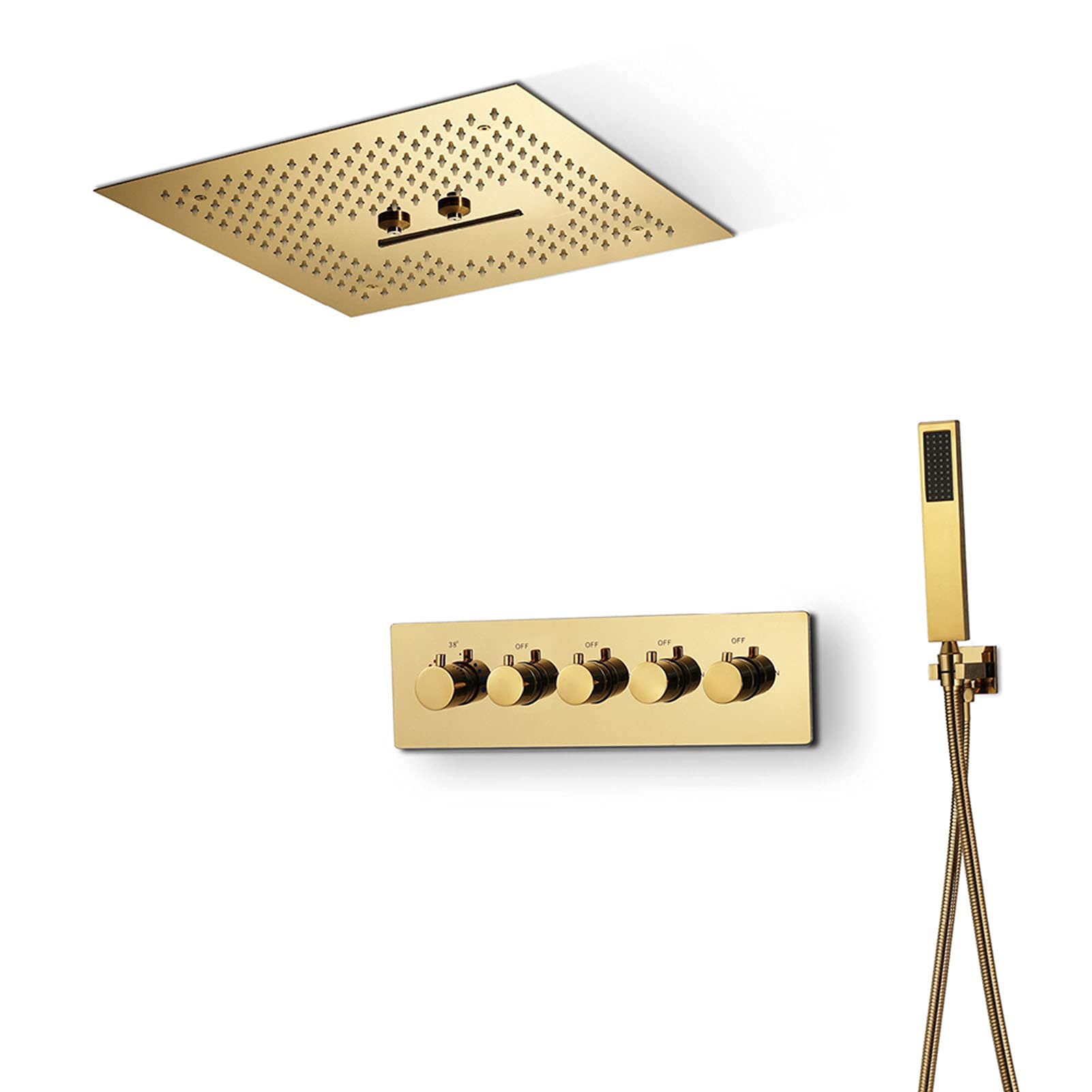 Thermostatic Shower System Gold Luxury Waterfall Rainfall Mist Shower Head with Handheld Shower All Metal Shower Faucet Set Ceiling Mounted