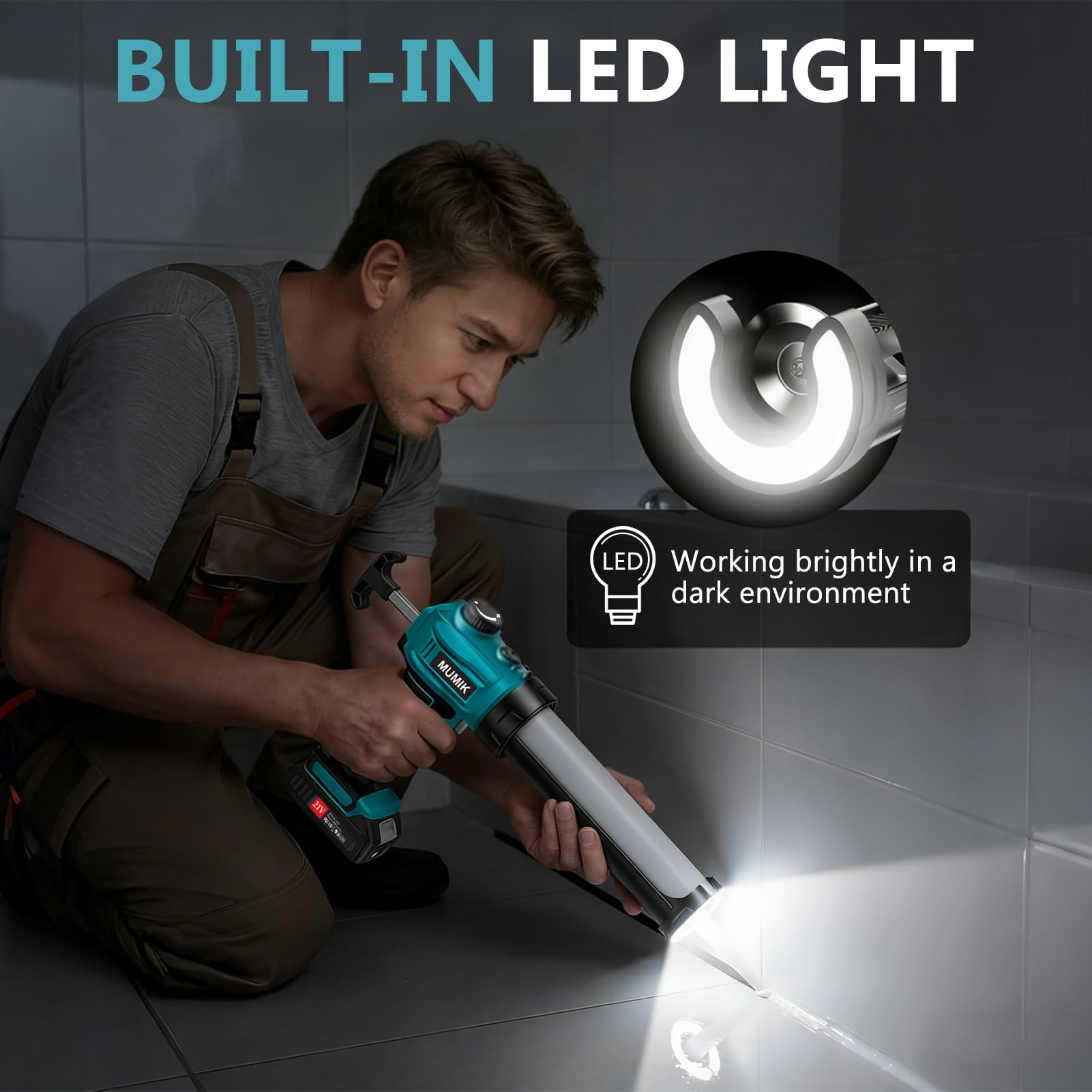 Kartuschenpresse Akku, Elektrische Silikonpistole mit 2 X 2.0Ah Akku, Stufenlose Geschwindigkeitsregelung, Led-Licht, Silikonpresse für 300Ml-Kartuschen (Green)