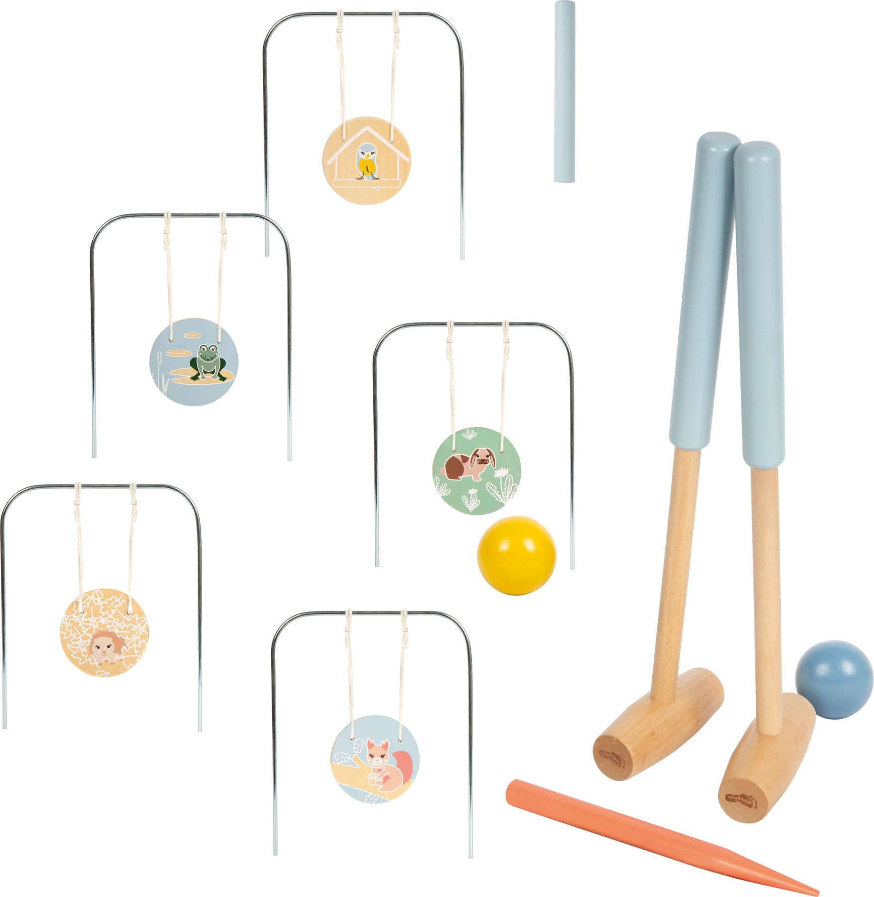 small Foot Krocket „Garden Buddies“ aus Holz, Robustes Outdoor-Spiel mit niedlichen Tiermotiven, für Kinder ab 3 Jahren, 12646, Blau und Gelb
