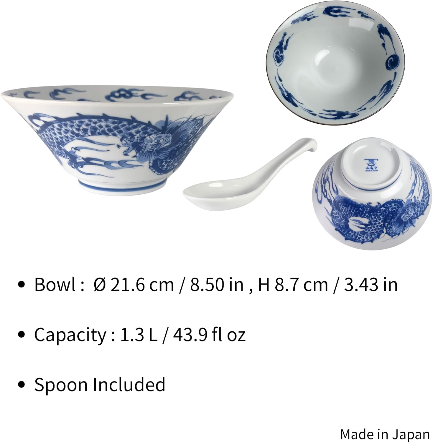 Japanese Aizome Dragon 22cm Noodle Bowl with Spoon – 44fl oz, Porcelain Ramen Bowl Set, Made in Japan (Mino Ware), Gift Box Packaging