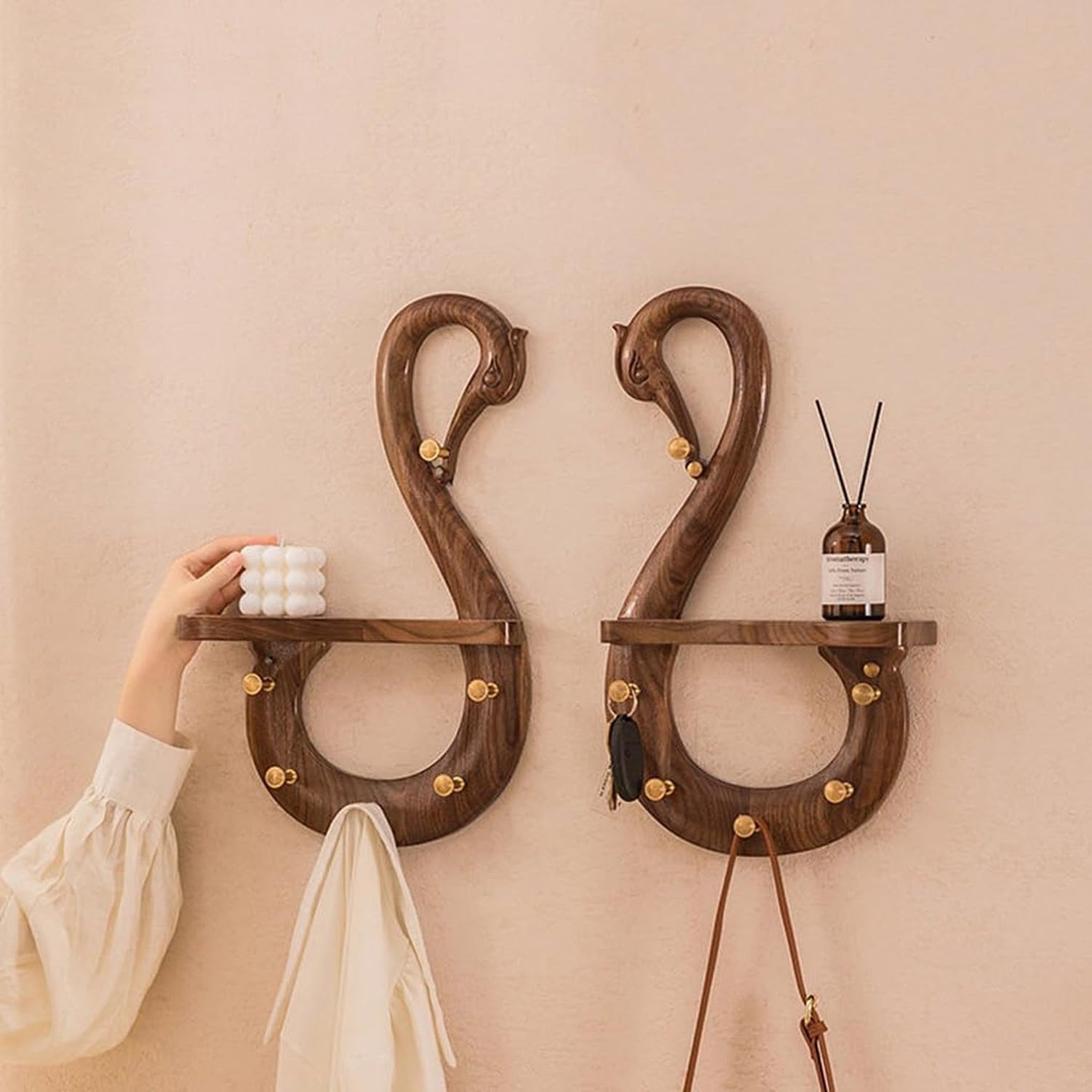Swan Shaped Wood Wall Hook Coat Rack Brass Finish Mount Left Side Walnut Hanger Rail Mounted Decorative Hooks for Hanging Coats Jackets Clothes Hats Backpacks i, Brown, right