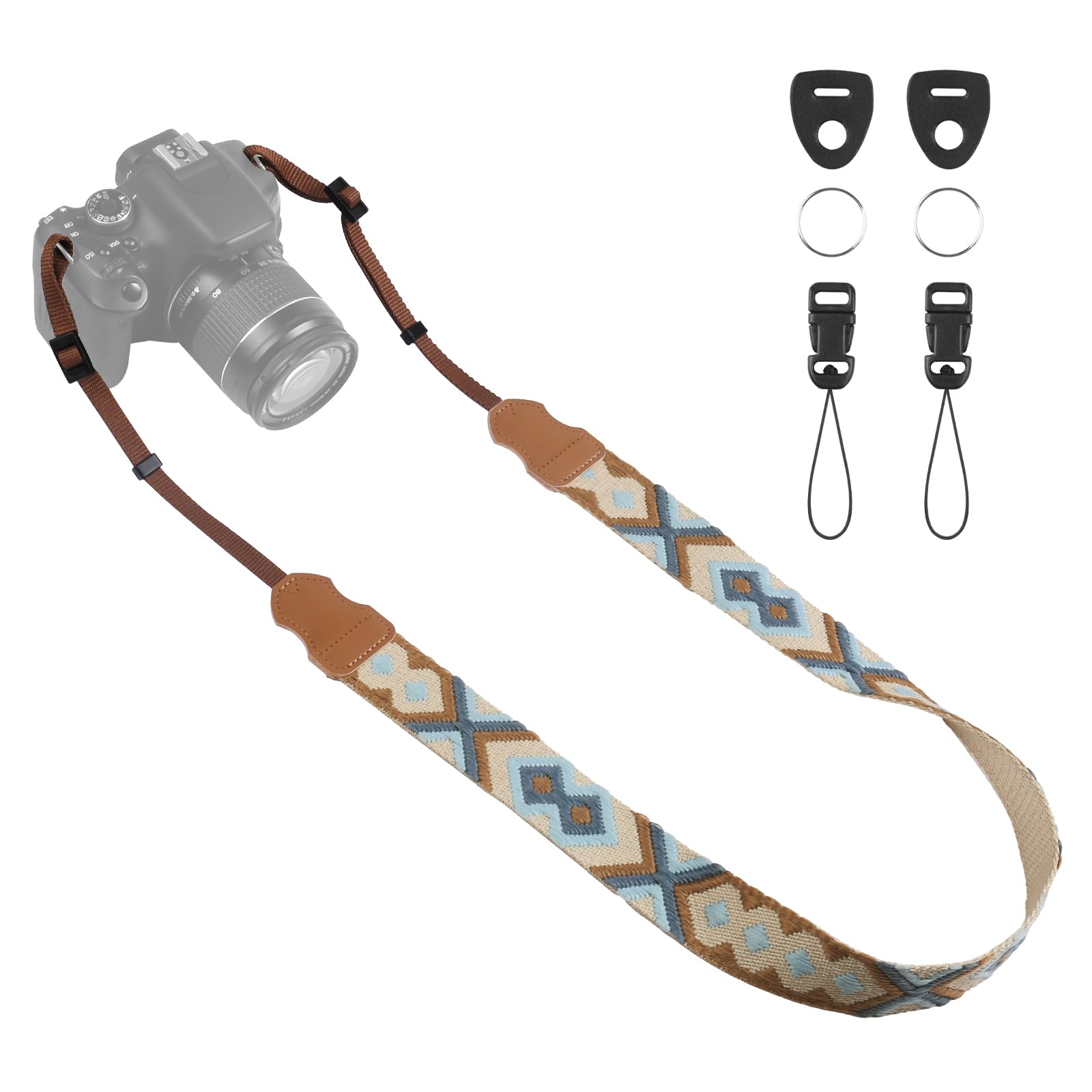 Universal Camera Strap - Camera Neck Strap, Adjustable Shoulder Straps Compatible with Canon, Fujifilm, Nikon, Olympus, Panasonic and other SLR and mirrorless cameras - Blue and Khaki Weave