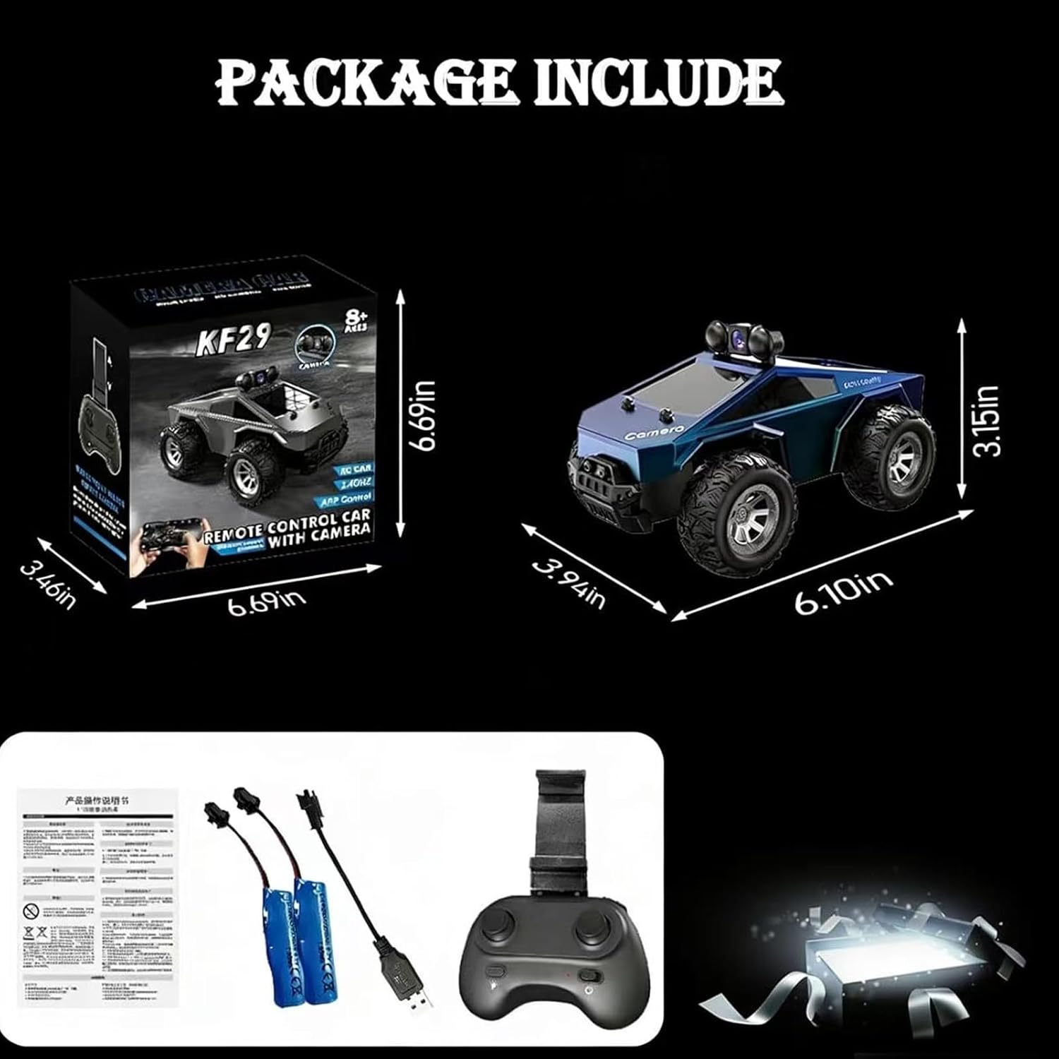 1:28 Scale FPV Monster Truck RC Cars with 720P HD Camera, 2.4GHz Remote Control Car, All-Terrain Off-Road RC Truck with Body Light, 2 Rechargeable Batteries, Toy Gift for Kids Adults Boys