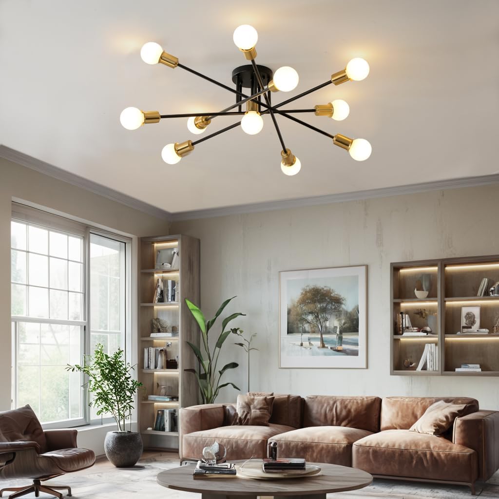 Modern Sputnik Gold and Black Semi Flush Mount Ceiling Light Fixture Minimalist,Mid Century Large 11 Light Metal Chandelier for Living Room Dining Room Bedroom Kitchen Office Entryway
