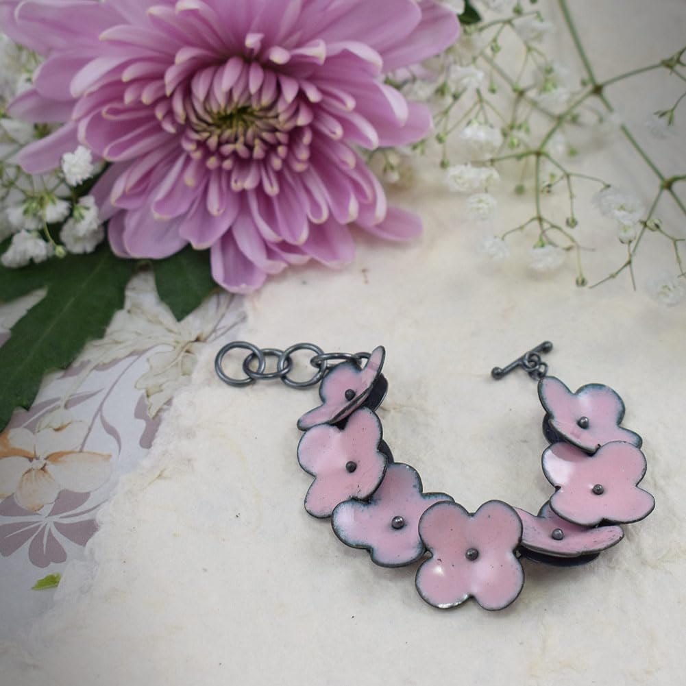 American Handmade Pink Forget-Me-Not Flower Bracelet | Vitreous Enamel and Sterling Silver Adjustable 5.75" to 7"