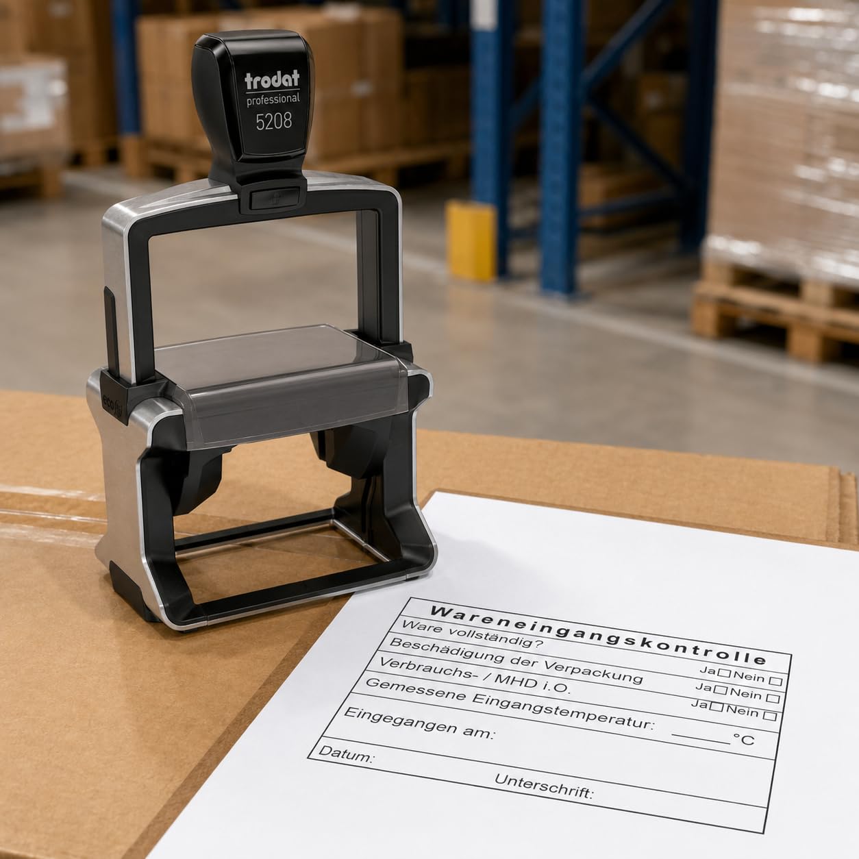 Wareneingangskontrolle Stempel – Trodat Professional 5208 Firmenstempel 68 × 47 mm – fertige Vorlage mit schwarzem Abdruck – Lagerstempel für Wareneingang, Qualitätskontrolle, MHD, Temperatur, HACCP