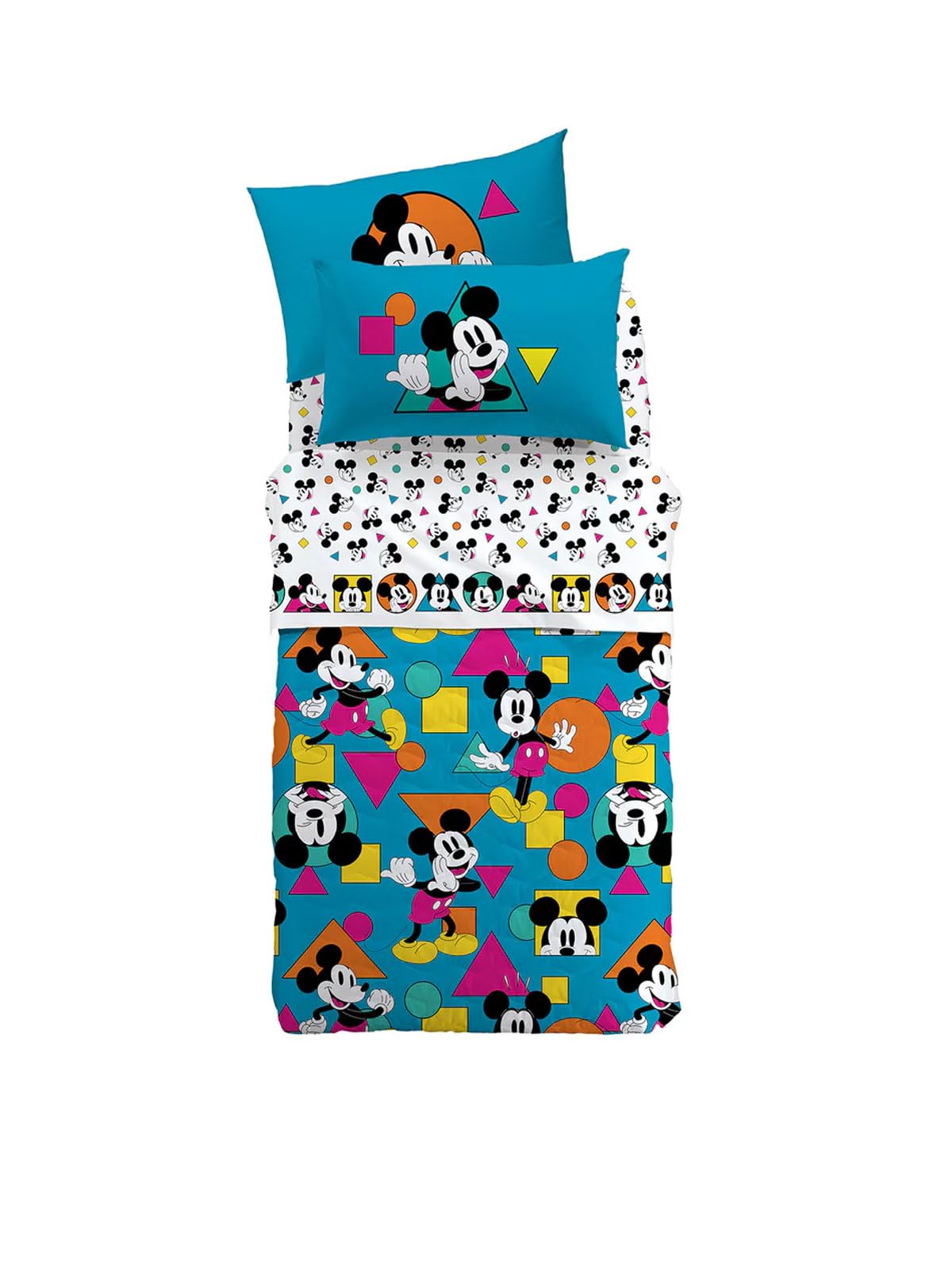 Caleffi Sábana individual Mickey geo algodón (sábana encimera 155x280 + 1 funda de almohada 50x80 + 1 sábana bajera con esquina x colchón 90x200)