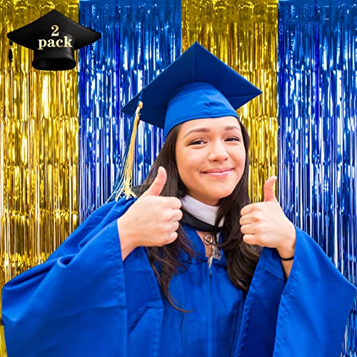 Image of LOLStar Graduation Party Decoration, 2 Pack Blue Gold Foil Fringe Curtains | 3.3 x 6.6 ft Tinsel Streamers Backdrop, Graduation Photo Booth Backdrop for Class of 2026, Prom and Grad Party Decor