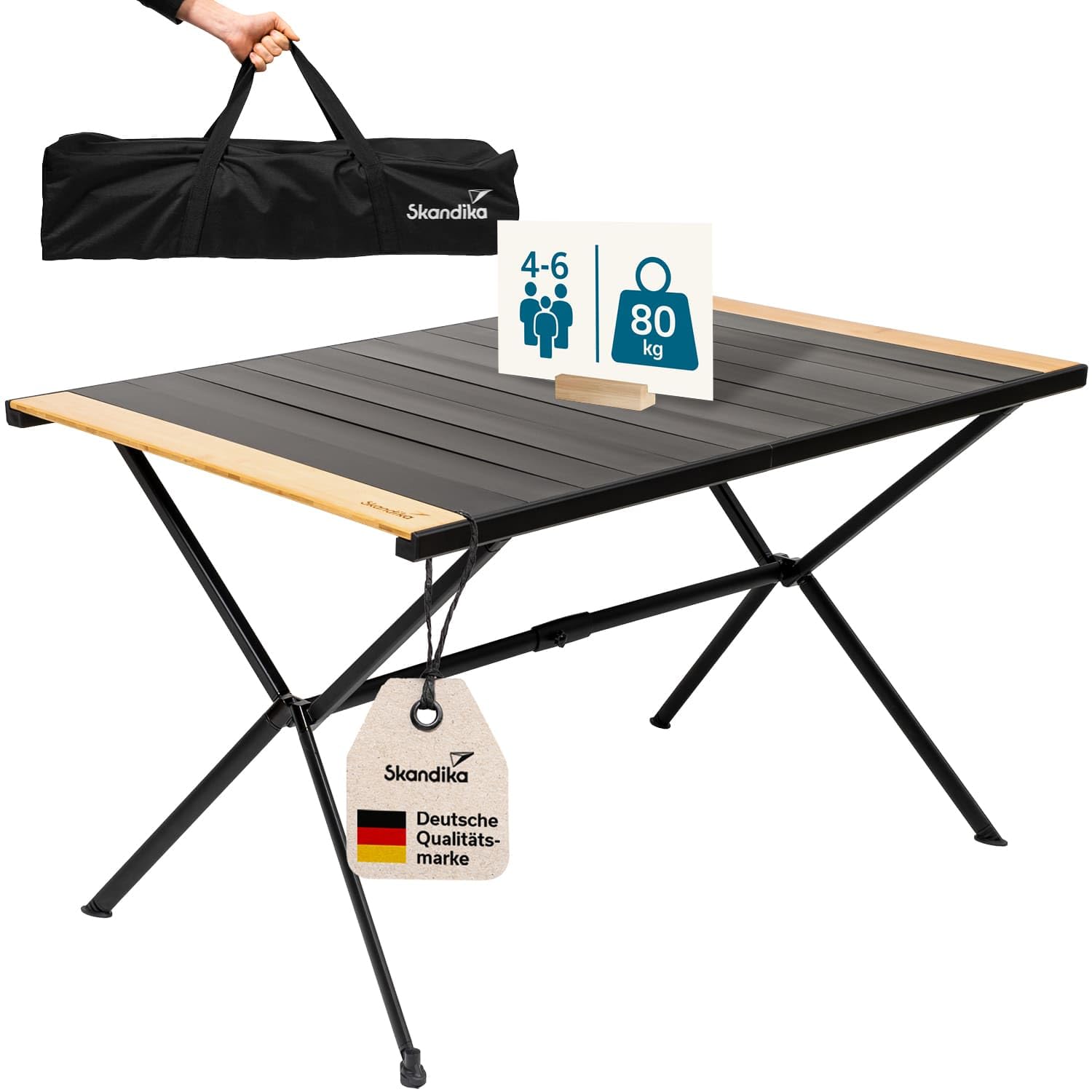 skandika Mesa de Camping de Aluminio con Madera Tivaro | para 4/6 Personas, Carga de hasta 80 kg, Impermeable, Plegable, Ligera (120 x 80 x 70)