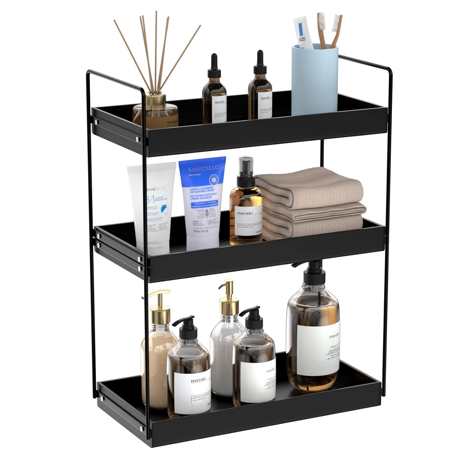 Bathroom Countertop Organizer 3 Tier Metal Vanity Counter Skincare Shelf Matte Black Under Sink Standing Rack With Acrylic