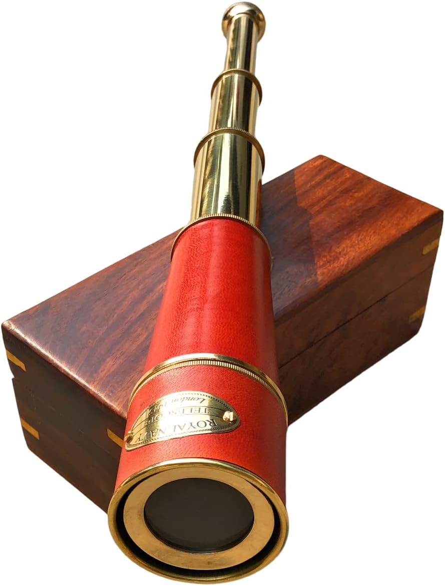 Telescopio Pirata de Latón y Cuero 16" de la Royal Navy con Caja de Madera