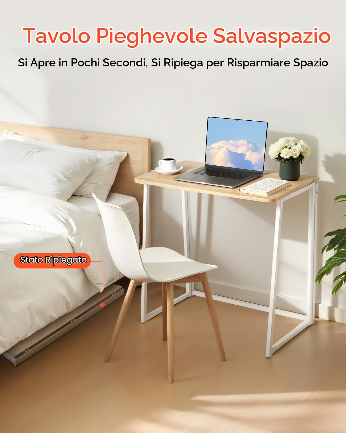 VEVOR Scrivania Pieghevole, Tavolo Piccolo da 80 cm, Tavolo per Computer, Robusto Pannello di Particelle con Ganci Portaoggetti, Postazione di Lavoro per Ufficio Domestico, Facile da Montare, Rovere