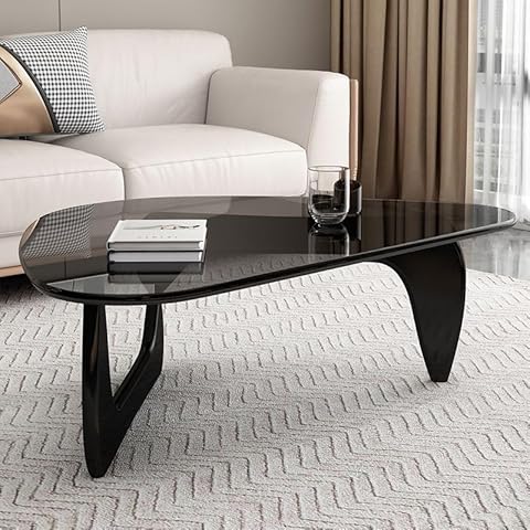 Triangle Glass Coffee Table-Mid-Century Modern End Table Solid Wood Base and Vintage Tempered Transparent Glass Top Coffee Tables Living Room Balcony (36 * 25.6 * 16, Black Grey) Cover