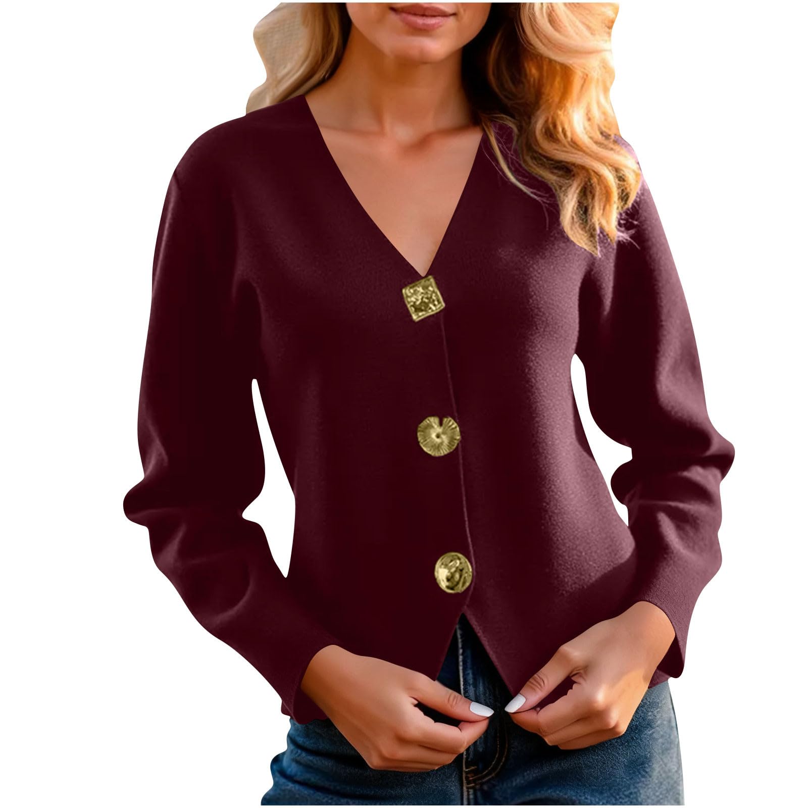 Womens Cardigan Sweaters Fashion Button Down V Neck Cardigan Outerwear Solid Color Casual Loose Fit Coats